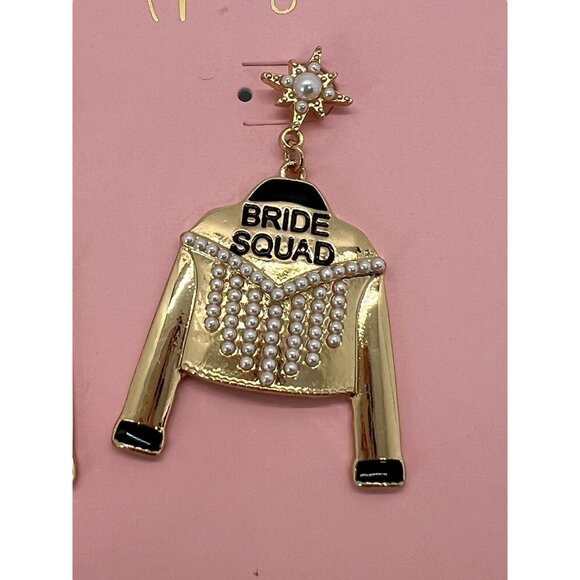 Packed Party Dangle Earrings Bride Squad Gold Tone Black Enamel Faux Pearls NEW - Picture 2 of 3